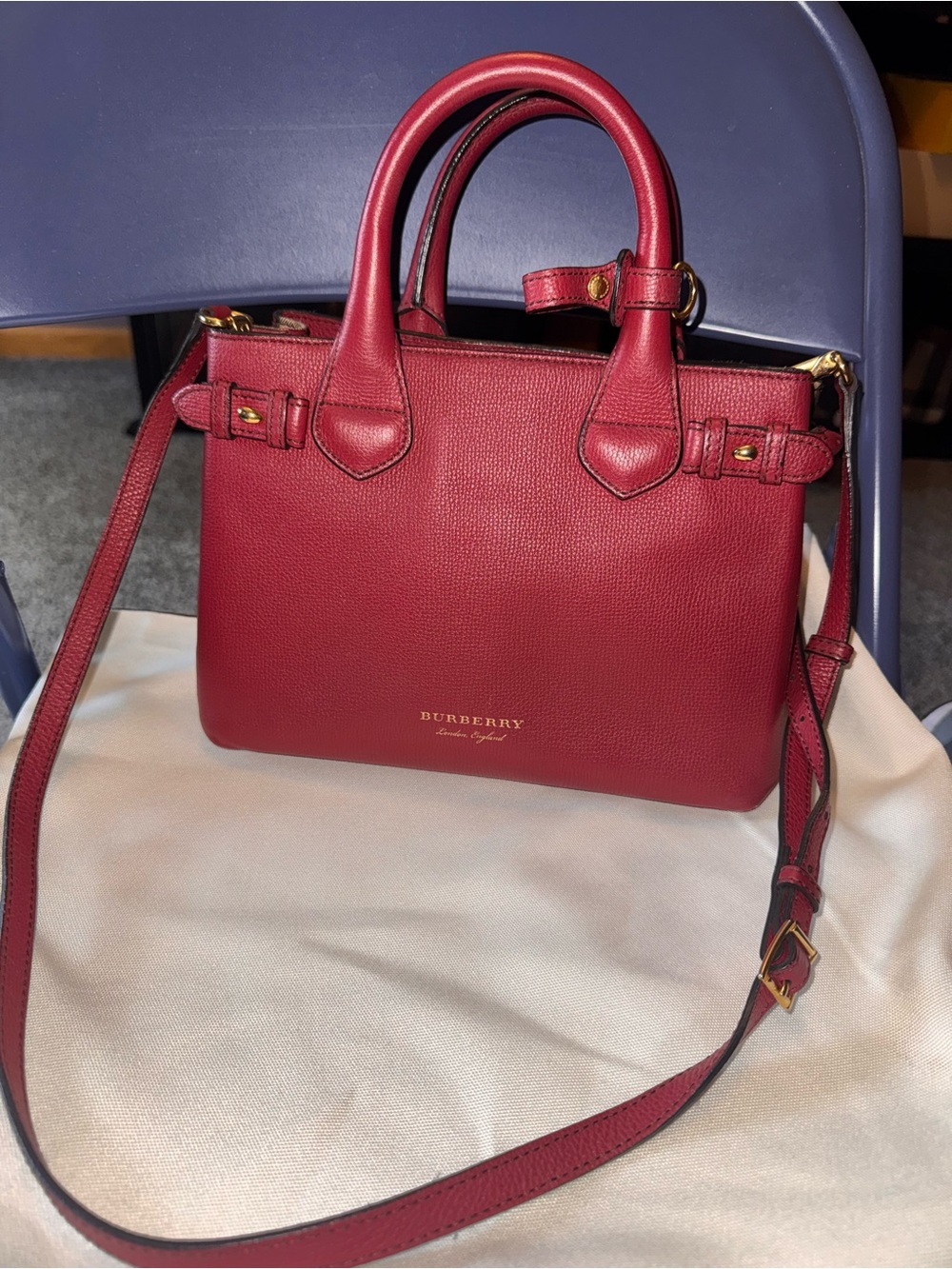 Burberry Red Pebbled Leather Satchel with Detachable Strap